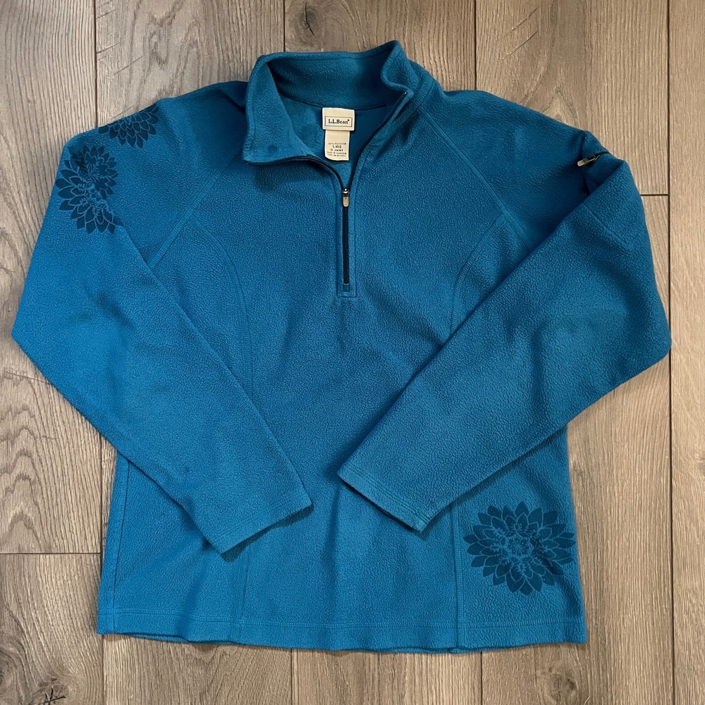 LL Bean Womens Teal Blue Floral Quarter Zip Fleece Pullover Jacket Small Reg